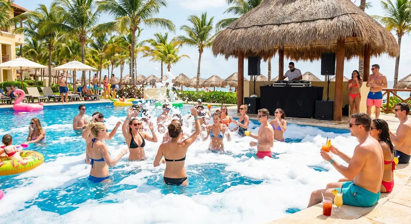 Aerial view of a high-energy resort pool party in Punta Cana