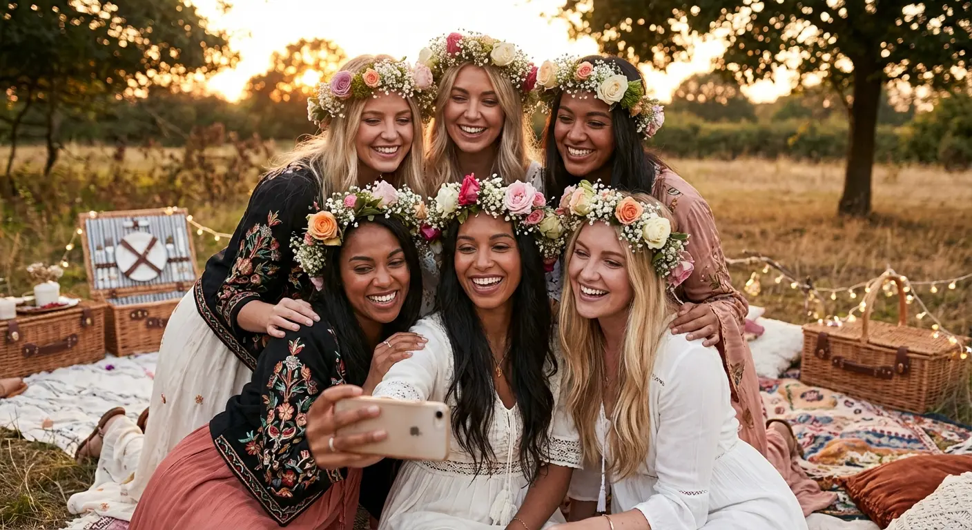 Group of women wearing fresh flower crowns at a bachelorette party