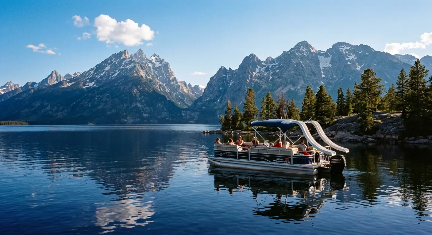 Pontoon boat on Whitefish Lake with mountains in the distance