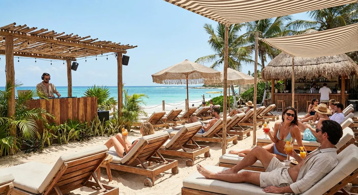 People relaxing on lounge chairs at Martina Beach Club