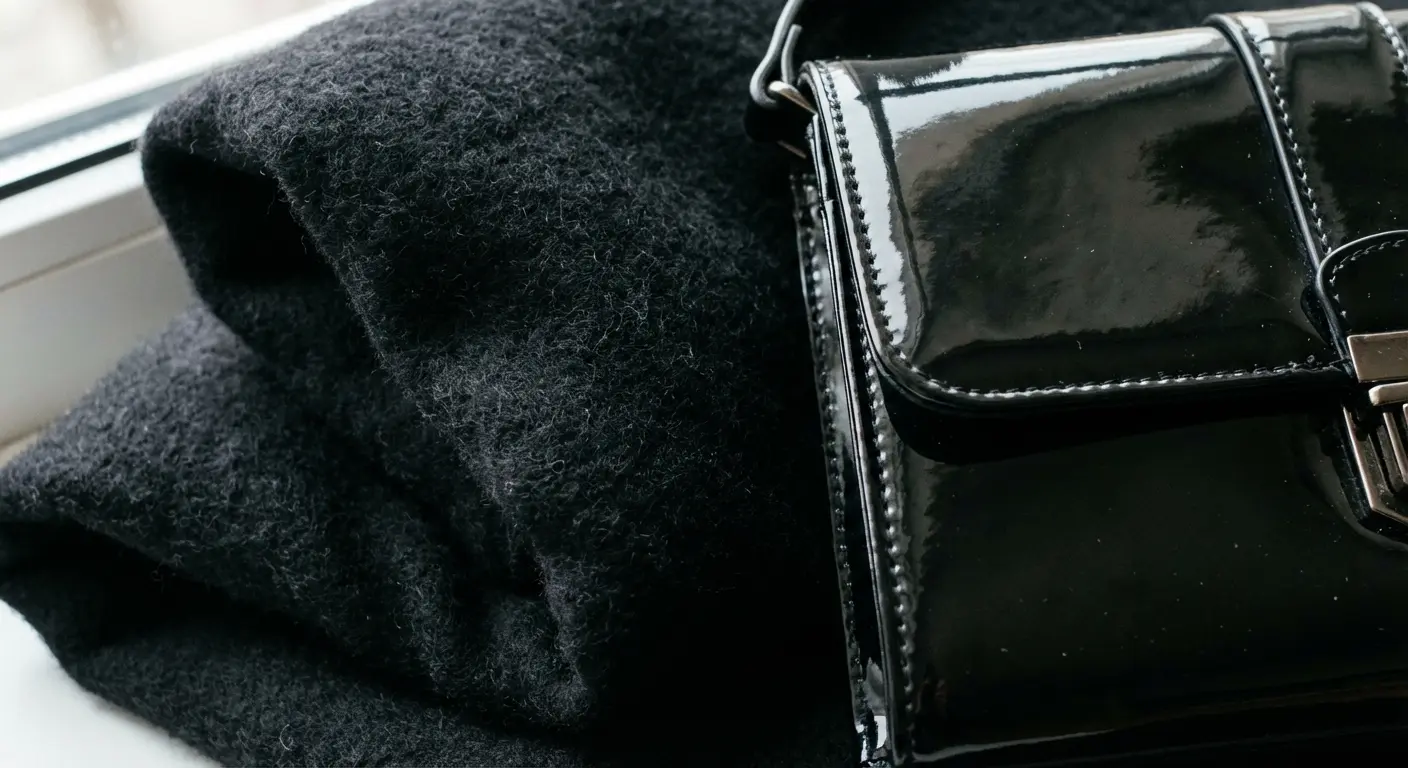 Woman holding a textured black clutch against a black dress