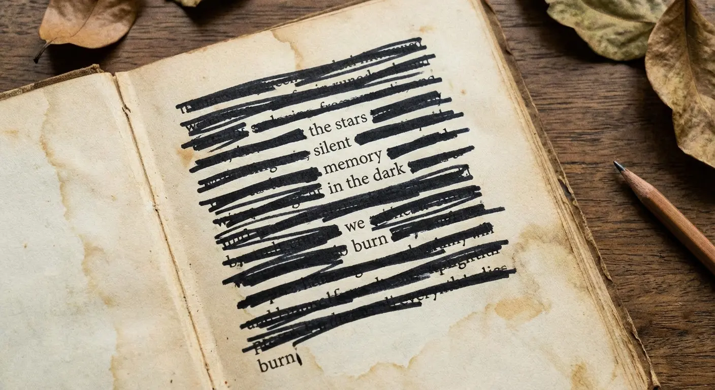 Page of text with most words blacked out, leaving a poem