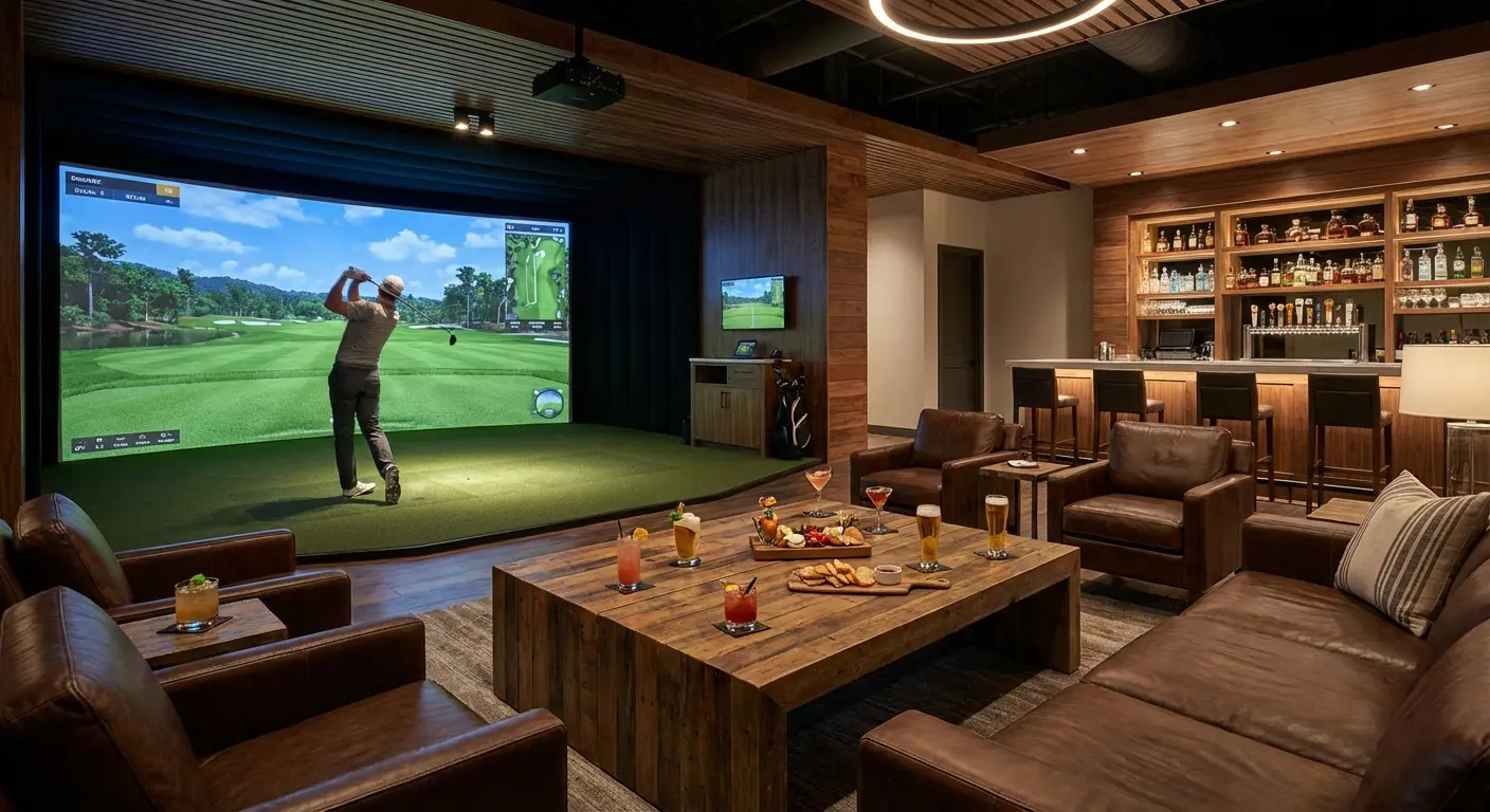 Friends playing virtual games at Chronic Golf indoor simulator bar