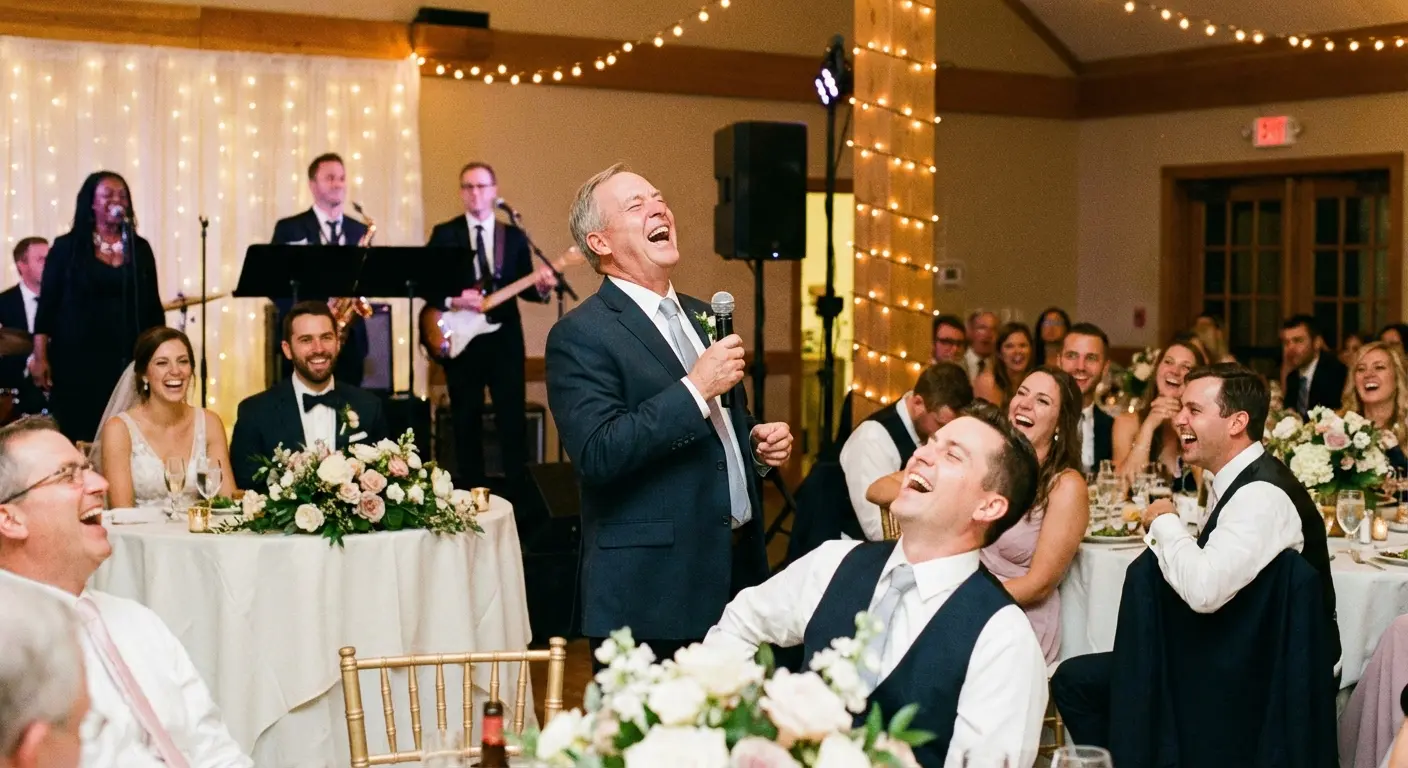 Wedding guests laughing at a speech