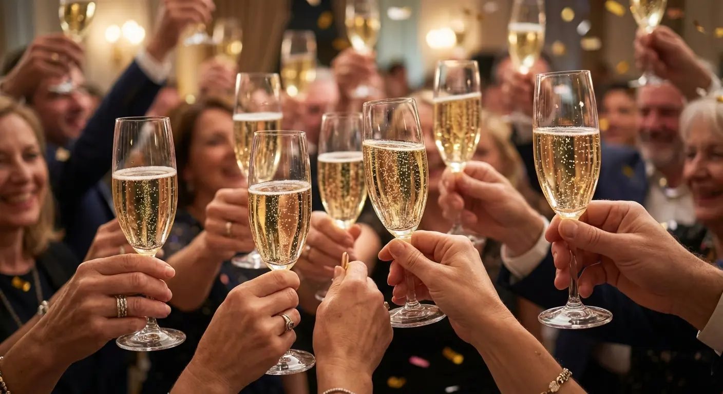Wedding guests raising glasses for a toast