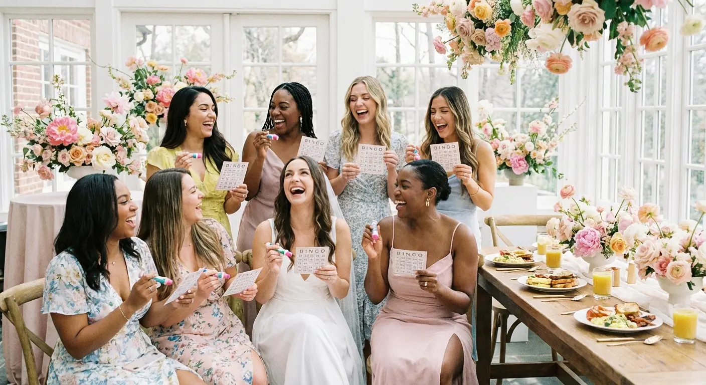 Bridal shower bingo cards on a rustic table