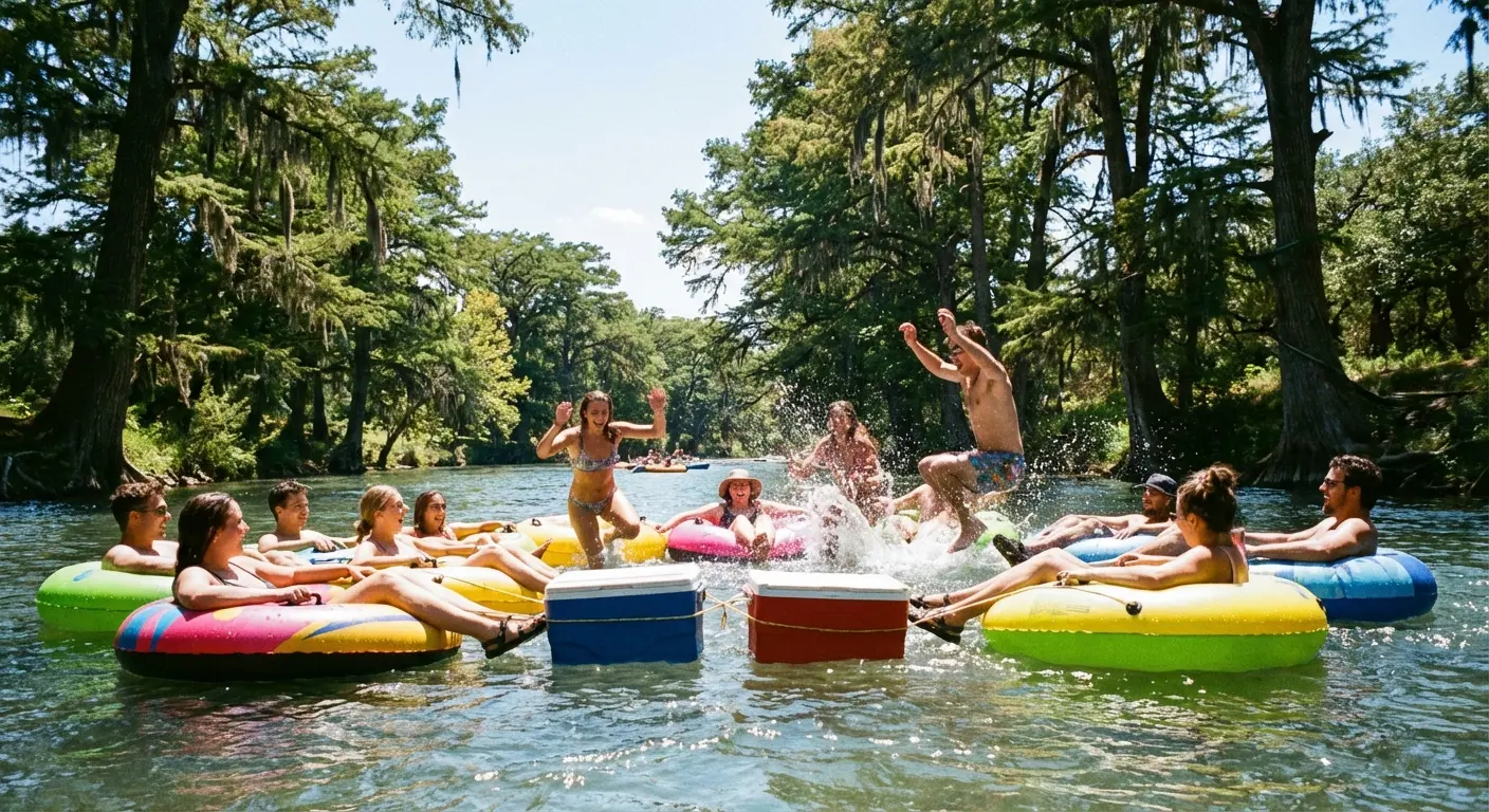 Group of friends floating on tubes down the Guadalupe River
