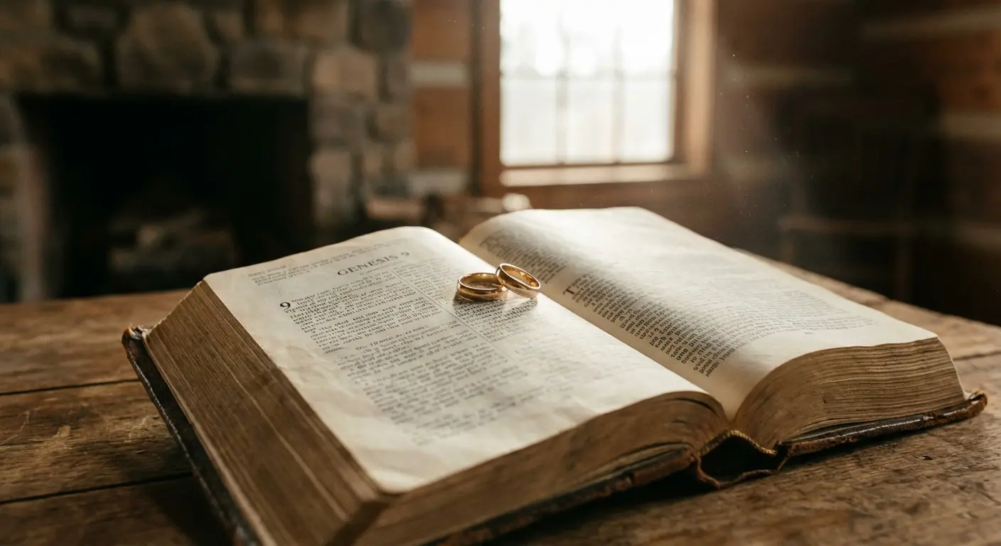 Close up of a Bible and wedding rings symbolizing a covenant marriage