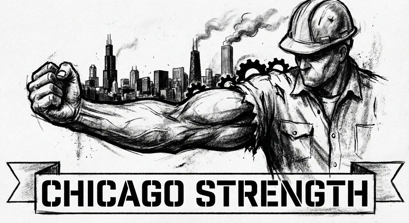 Chicago personified as a bold slugger amidst an industrial city backdrop