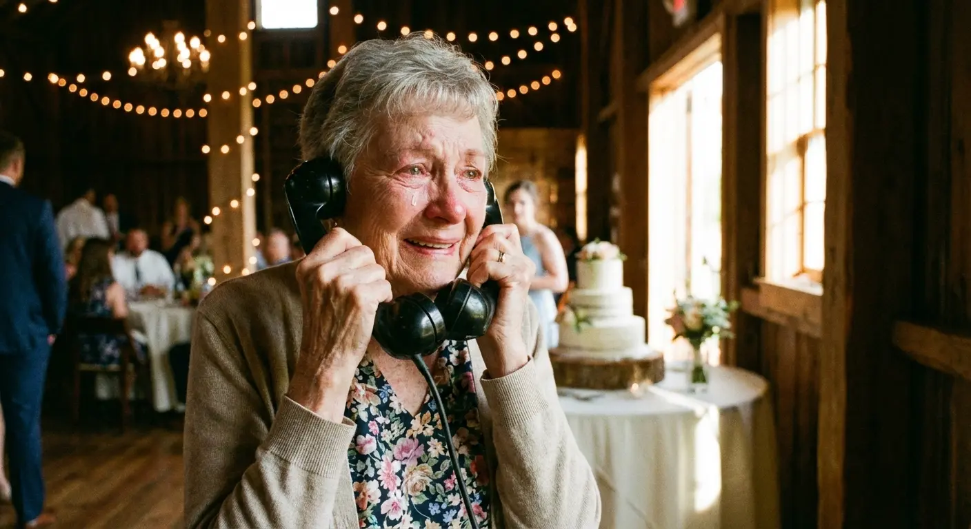 Wedding guest laughing while recording a message on the guestbook phone