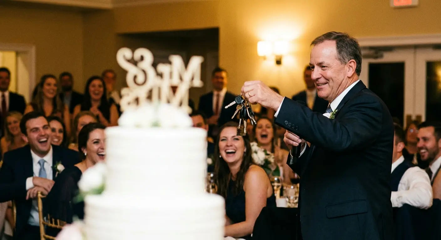 Father of the bride holding a prop during his speech