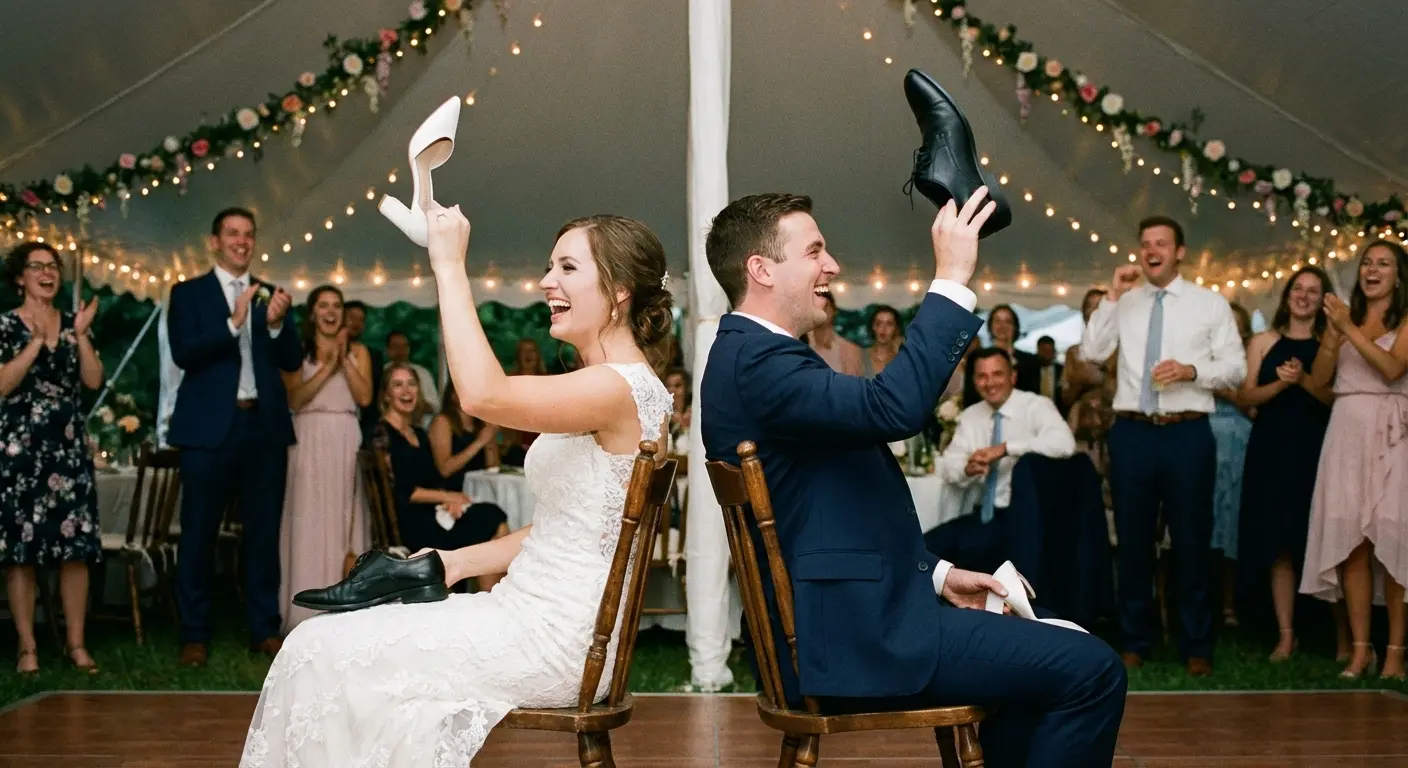Bride and groom holding up shoes during the wedding shoe game