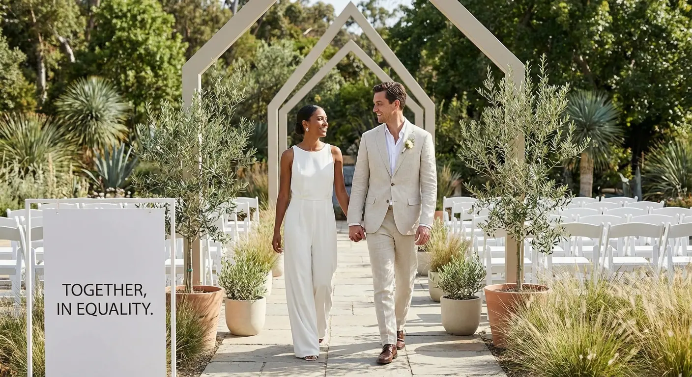 Bride and groom standing together as equals