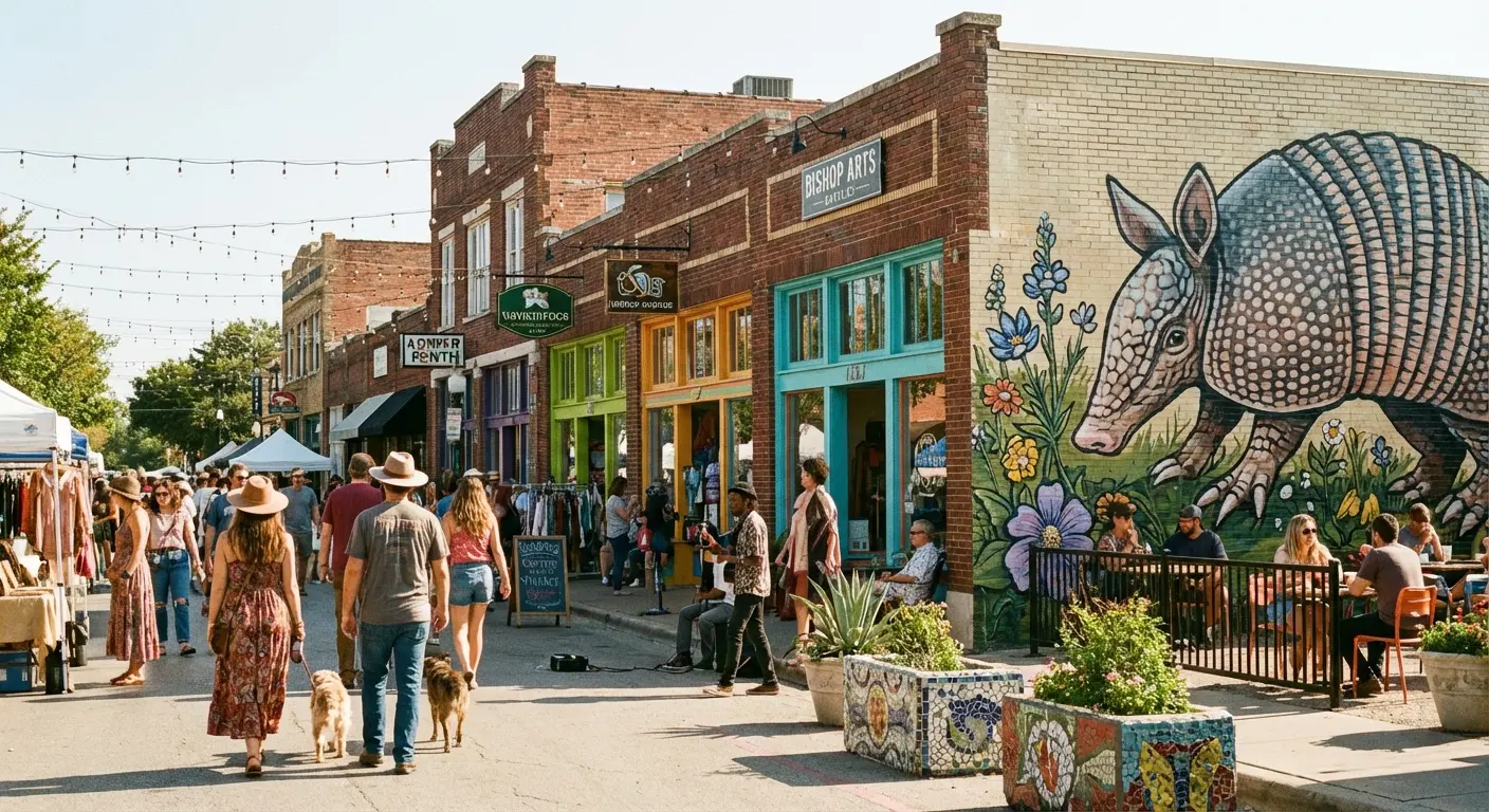 Quaint storefronts and walking areas in the Bishop Arts District