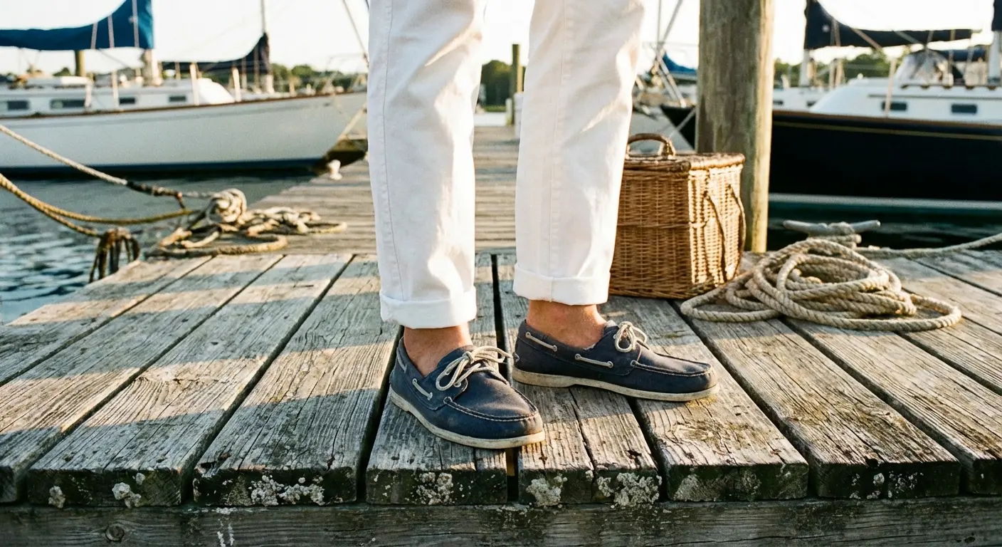 navy blue boat shoes paired with white pants