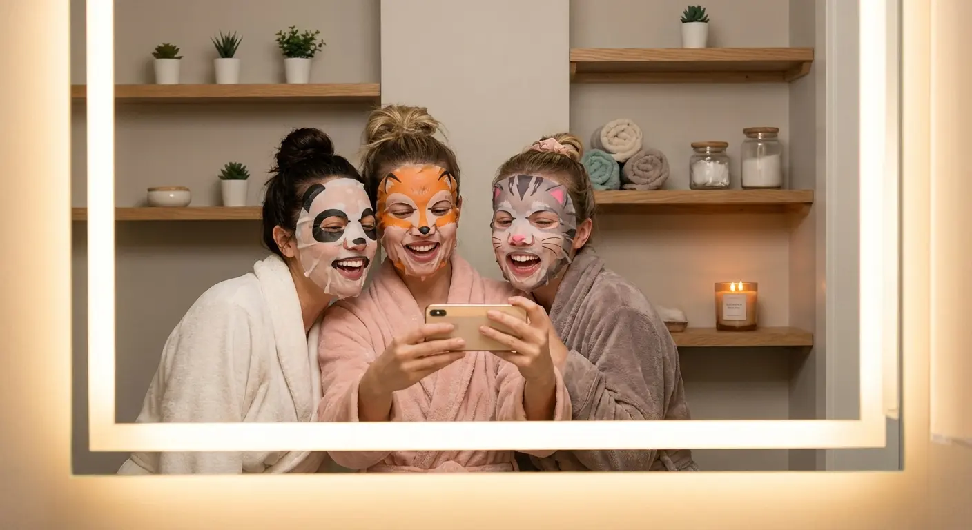 Friends taking a selfie while wearing sheet masks