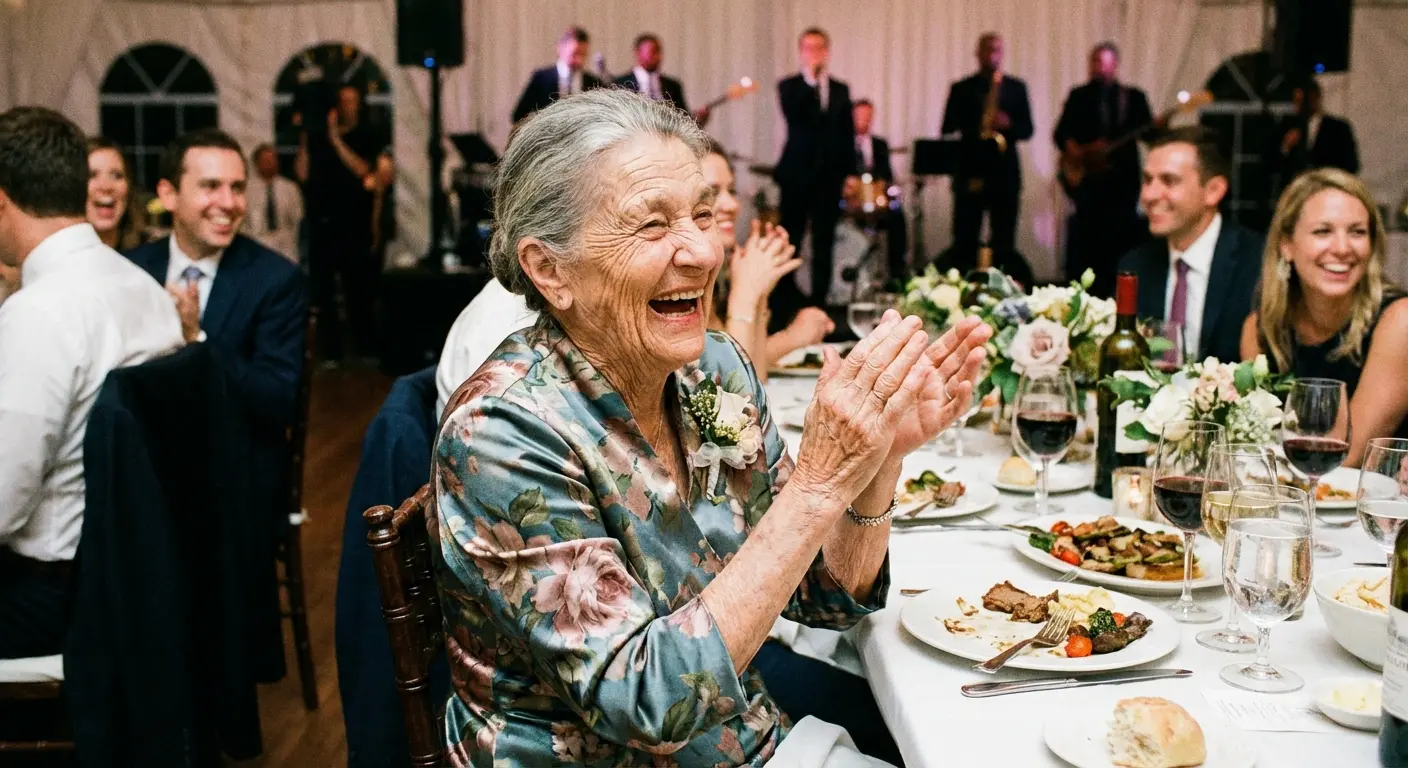 Older wedding guests laughing at the shoe game questions