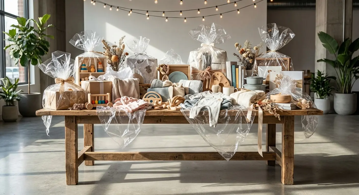 Display shower setup with unwrapped gifts