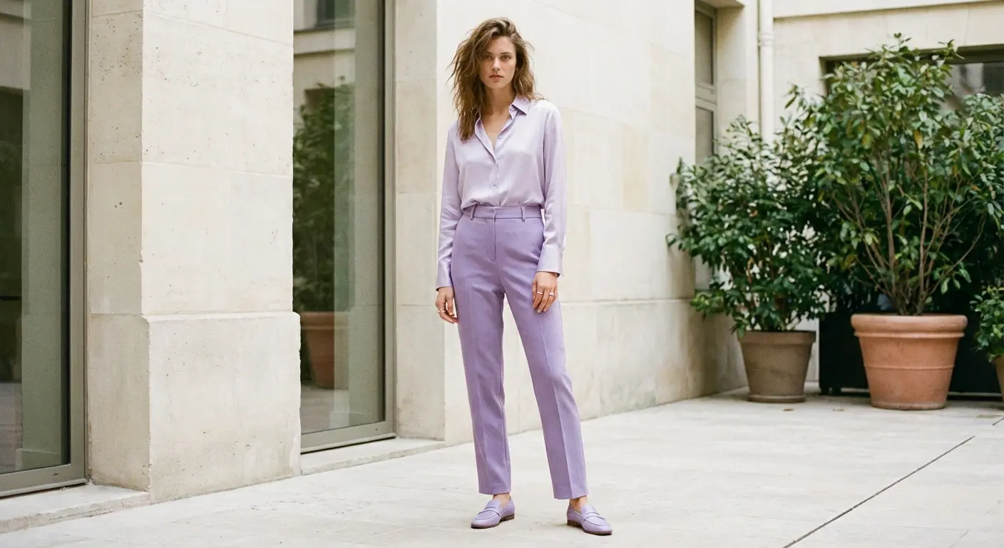 Monochromatic lavender shirt and purple pants outfit