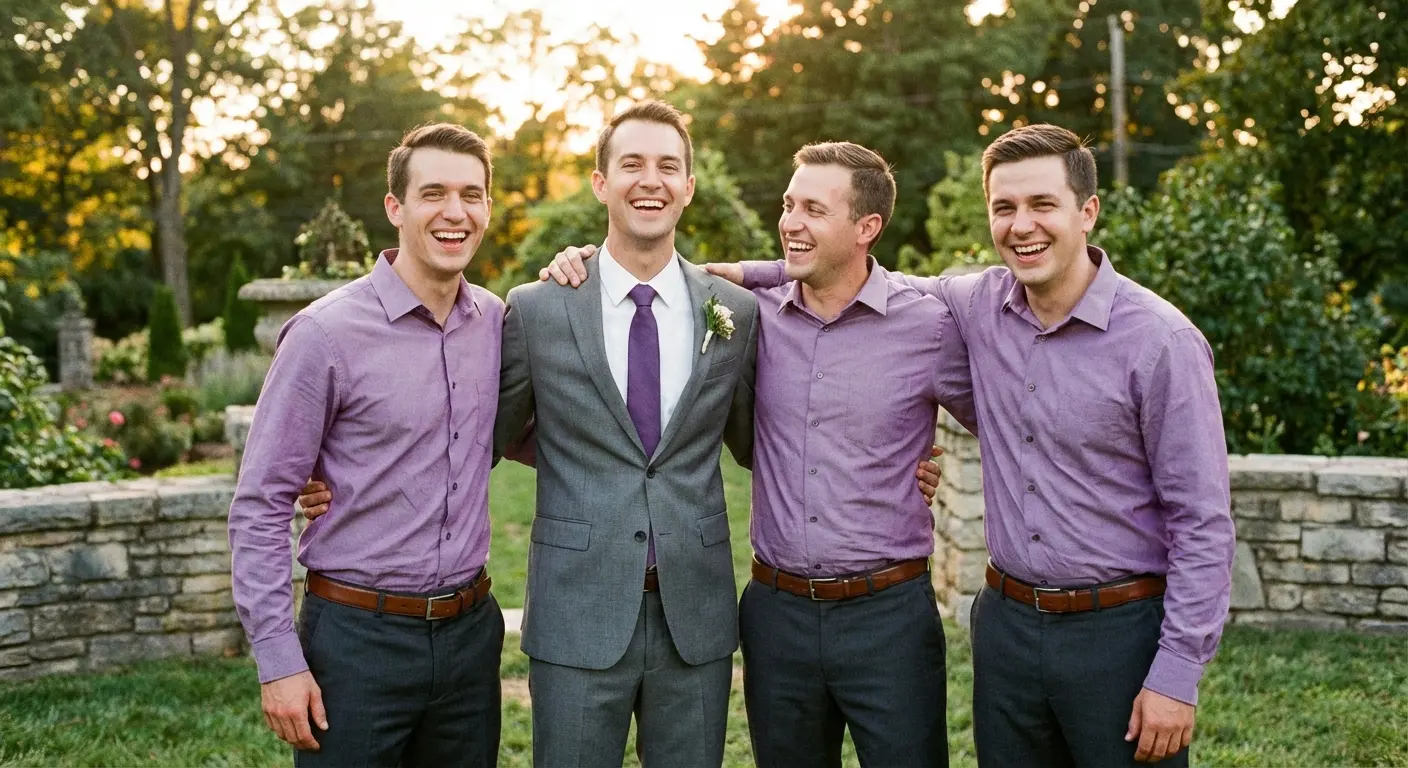 Groomsmen wondering about pants colors purple shirts coordination