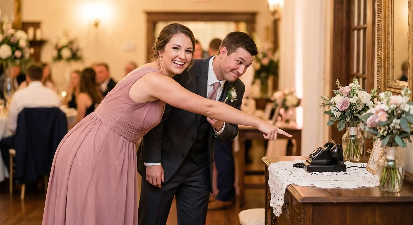 Bridesmaid showing a guest how to use the audio guestbook phone