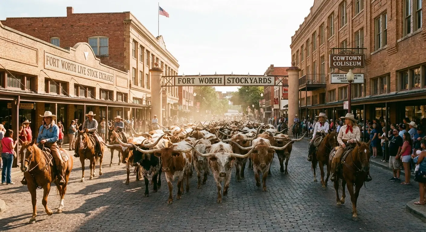 Cattle drive taking place in the Fort Worth Stockyards