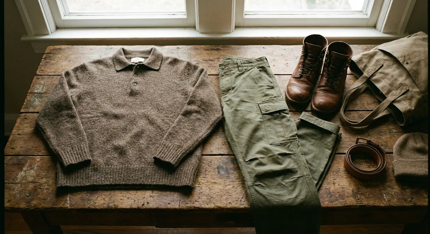 Olive green cargo pants with brown sweater polo
