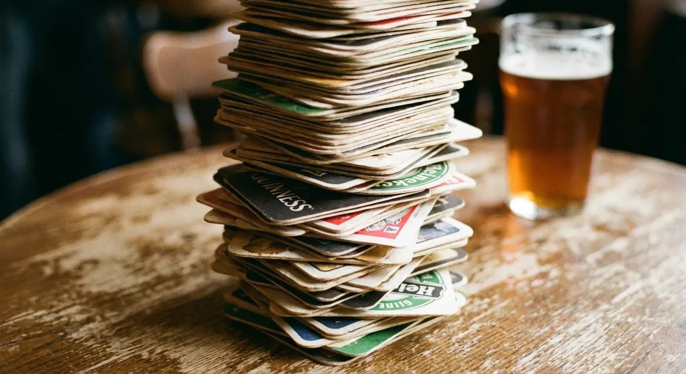 Beer coasters stacked on a bar table