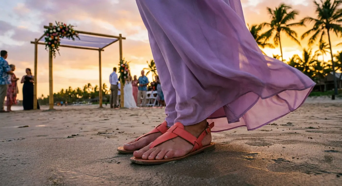 Coral shoes providing a pop of color against lavender