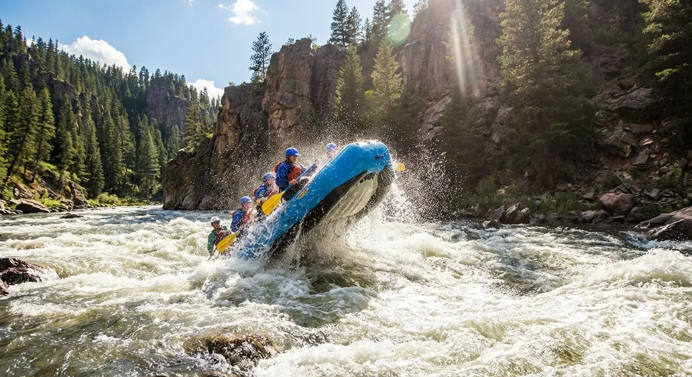 Whitewater rafting group paddling on the Gallatin River