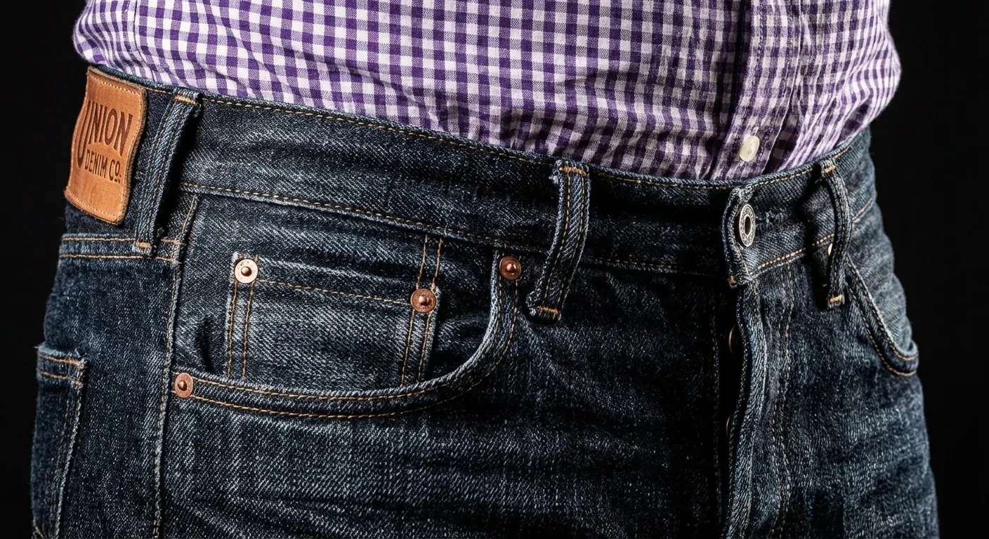 Dark wash indigo jeans paired with a purple button-down