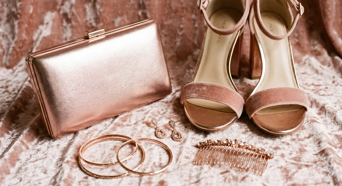 Rose gold sandals suitable for a lavender dress