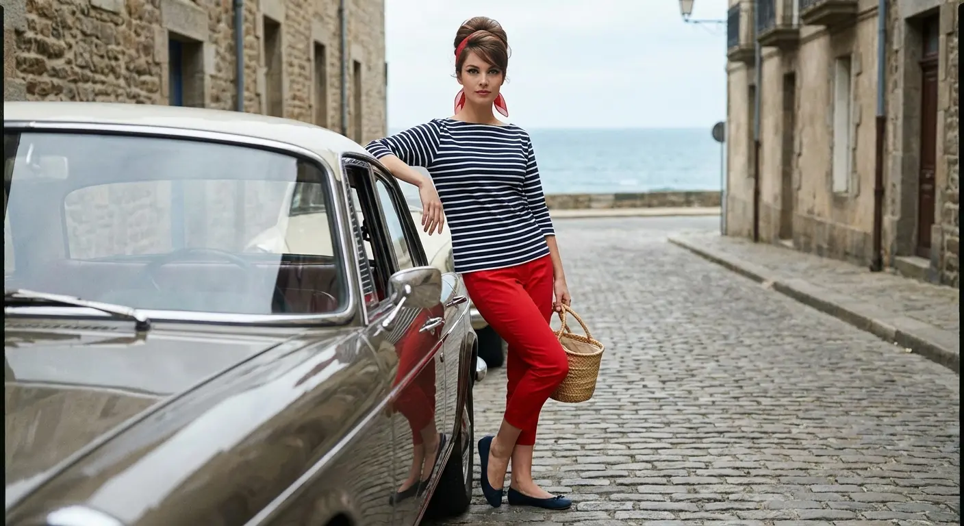 A horizontal striped boat-neck shirt is perhaps the most iconic pairing for red trousers.