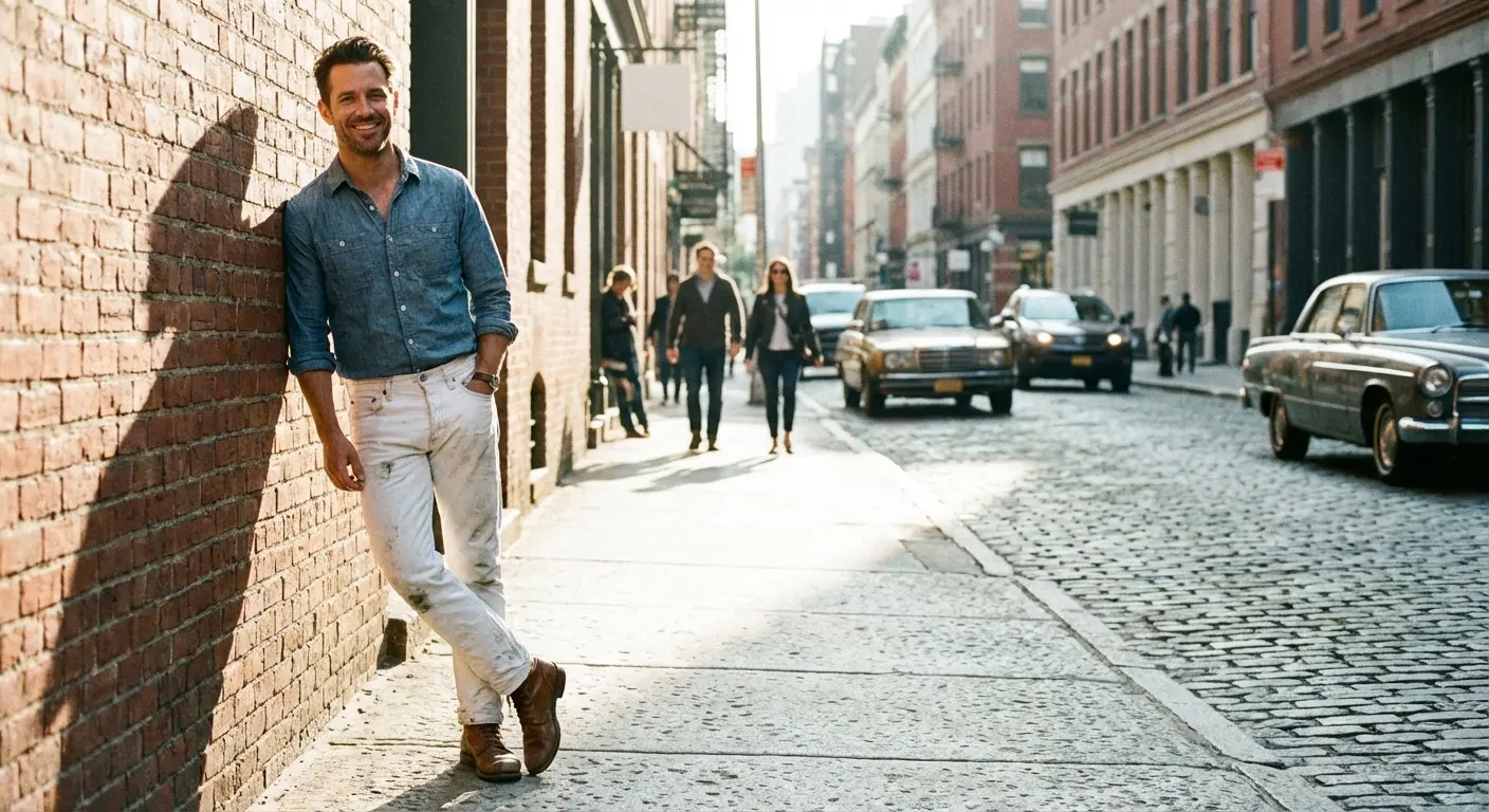 Man wearing white pants styled casually