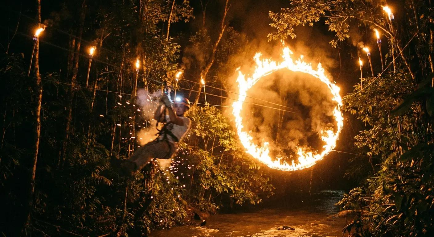 Zip-lining through a ring of fire at Xplor Fuego adventure park