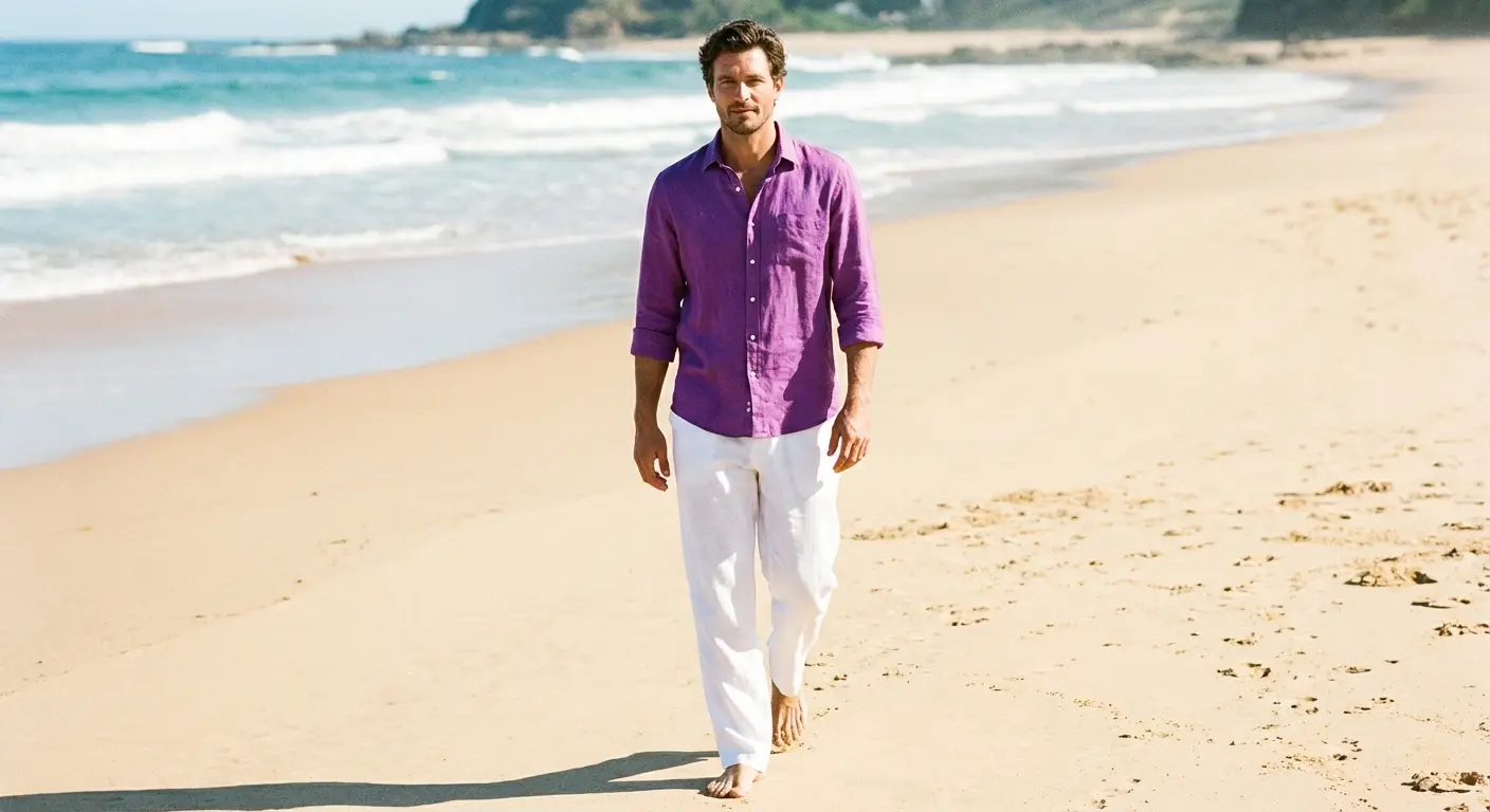 White linen trousers paired with a vivid purple shirt