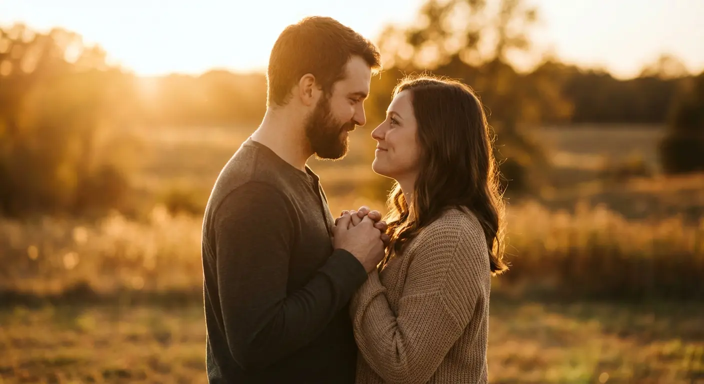 Romantic wedding vows being exchanged at sunset