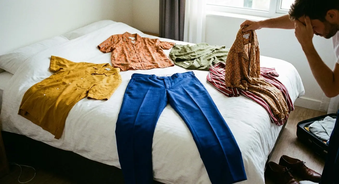 Man wearing royal blue pants looking at closet