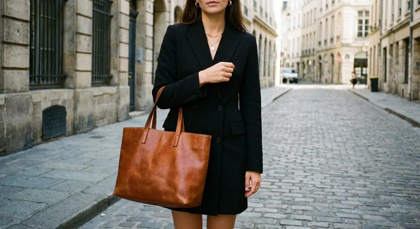 Cognac leather tote bag paired with a casual black dress