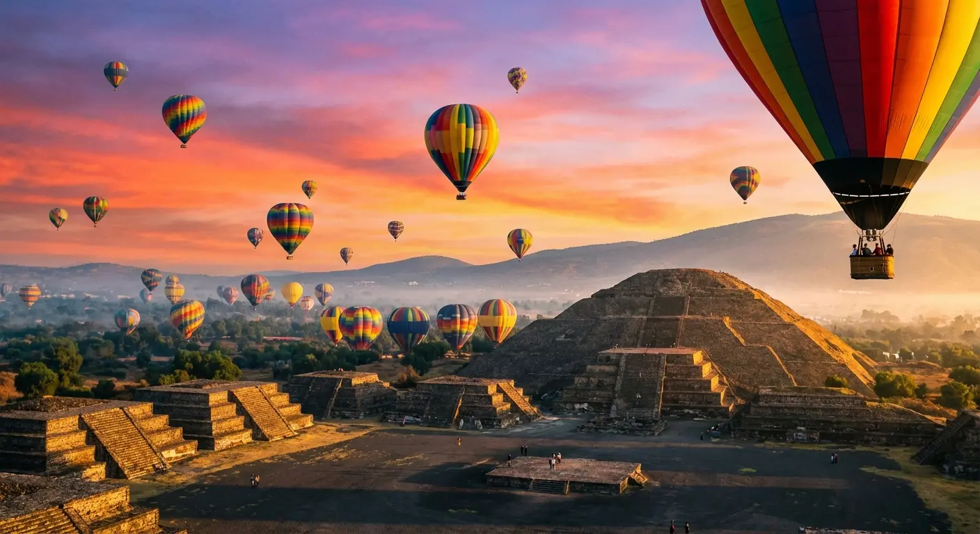 Hot air balloon ride over Teotihuacan pyramids at sunrise