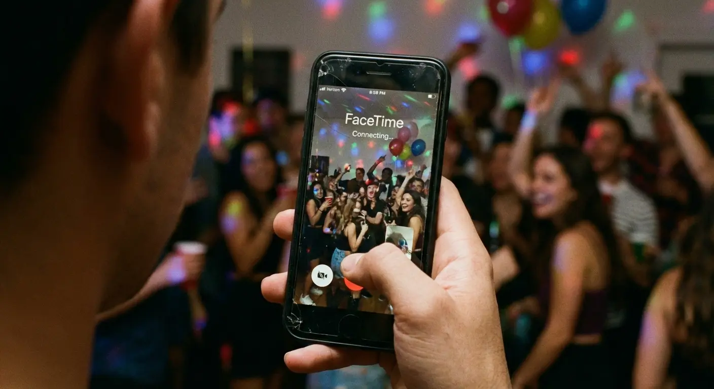 Groom facetiming his bride during the scavenger hunt