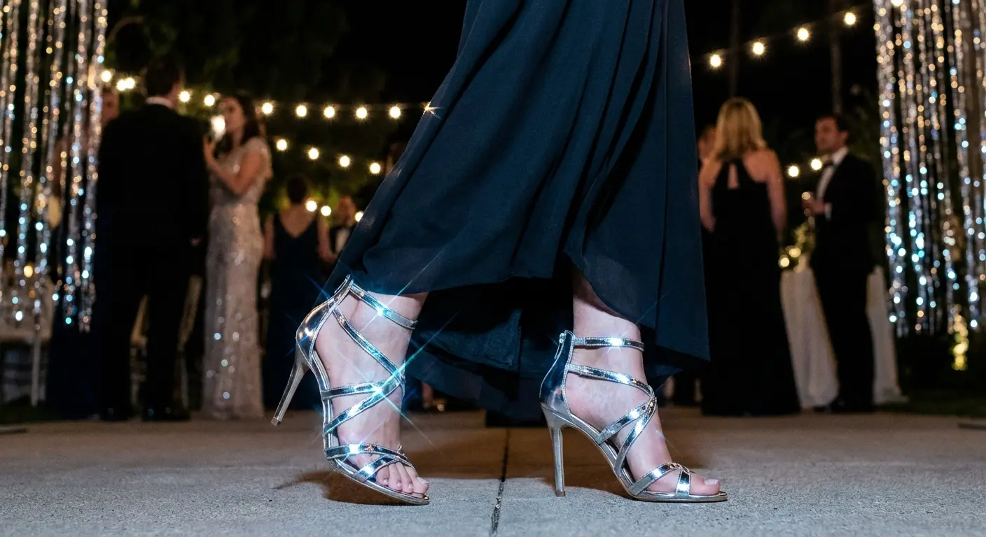 Silver metallic heels shining against lavender fabric