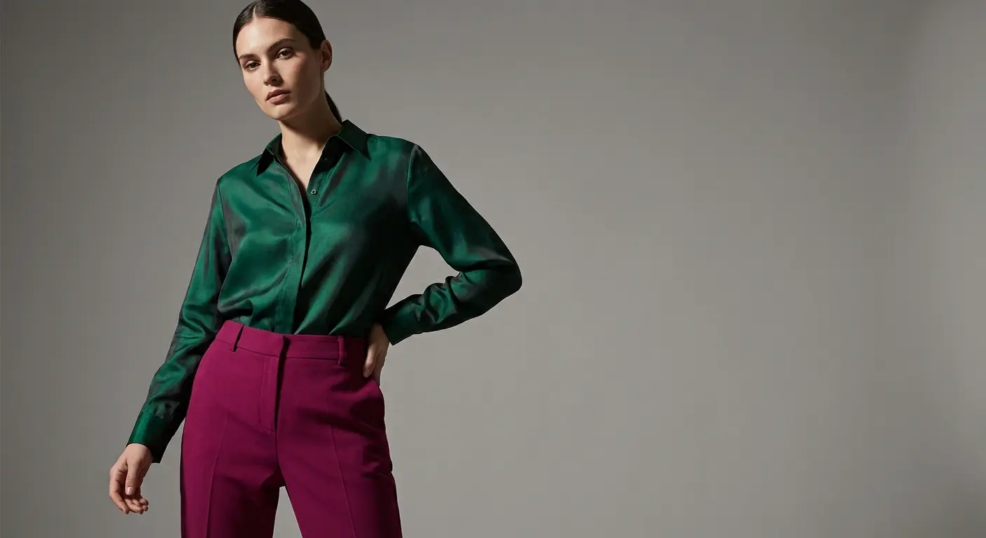 Emerald green blouse paired with magenta pants