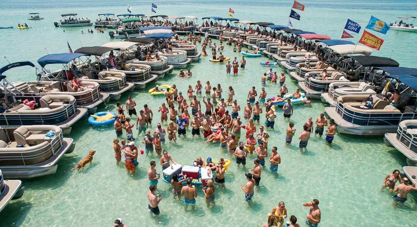 Pontoon boats anchored at a sandbar party in the sound