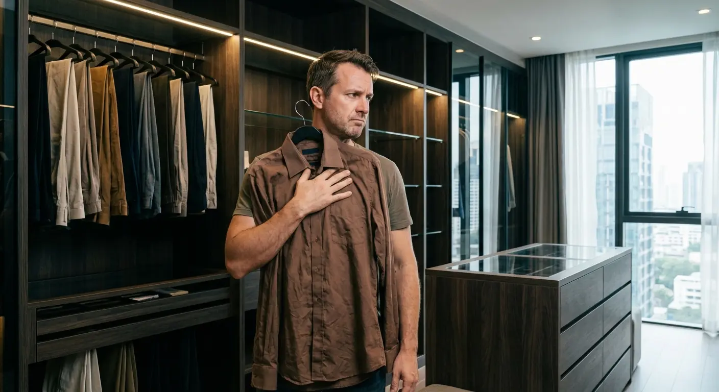 Man holding up pants to brown shirt in mirror