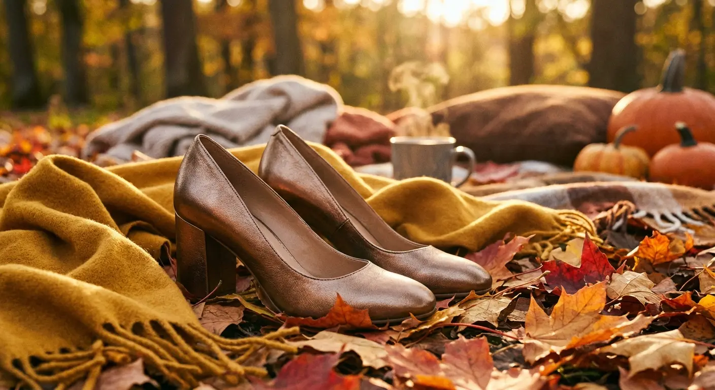 Bronze heels styled with an ochre yellow dress for autumn