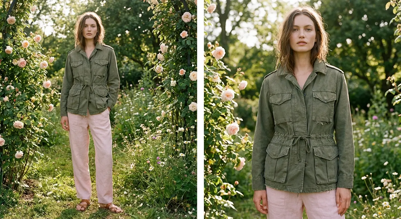 Olive green utility jacket with blush pink pants
