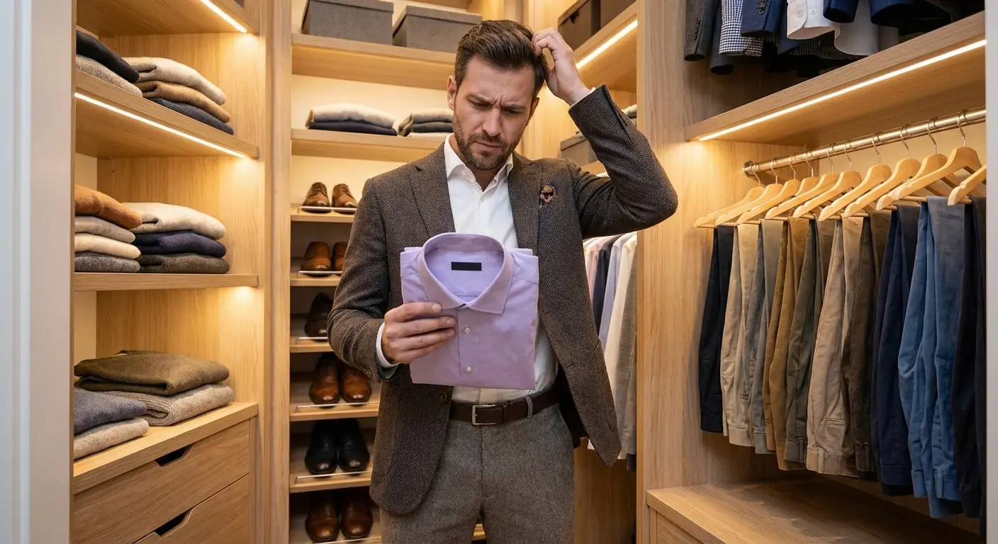 Guest at rehearsal dinner wearing lavender button-down with ill-fitting beige cargos