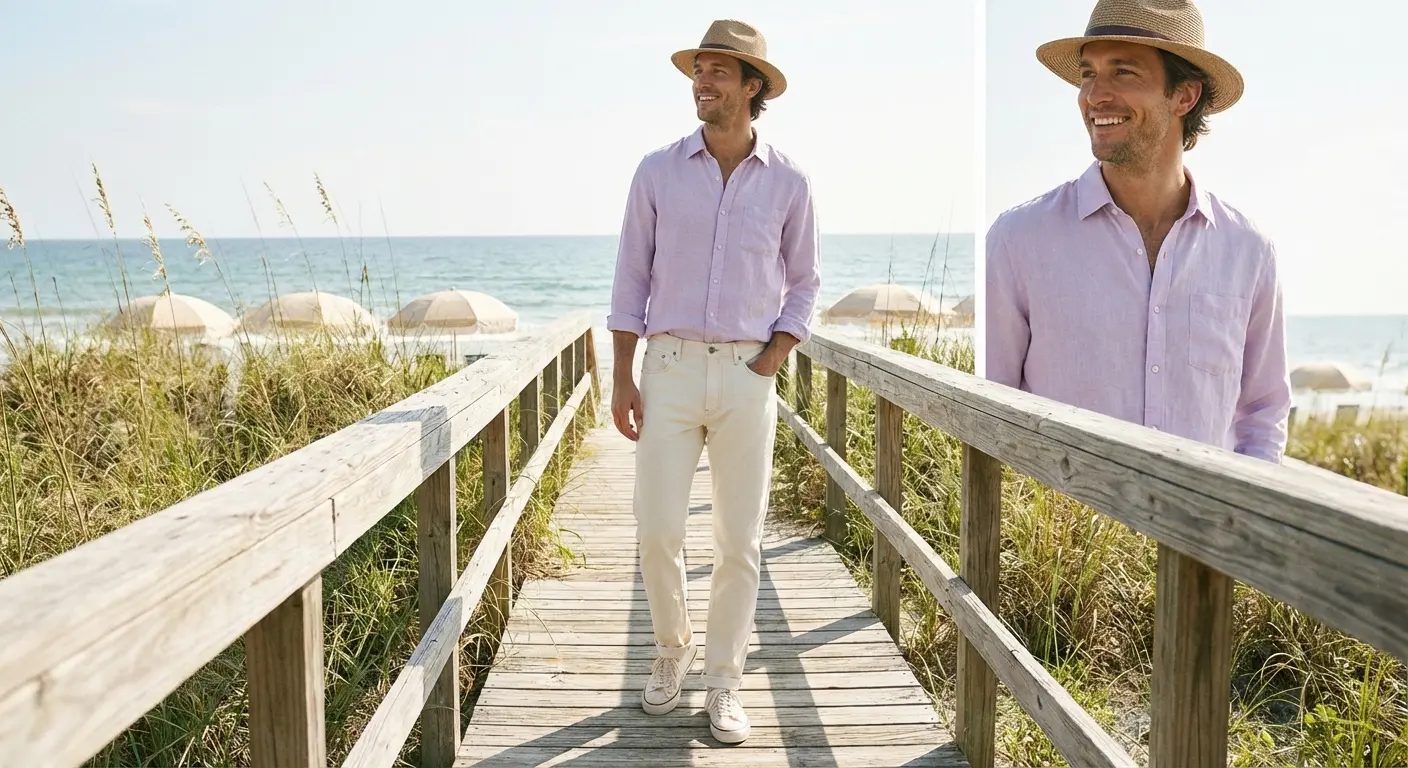 Cream denim paired with a pastel lilac shirt