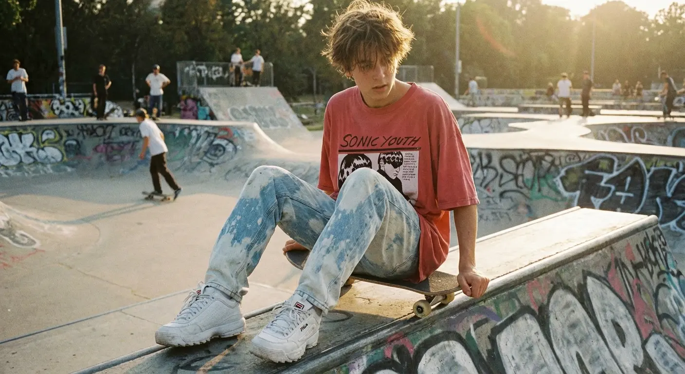 Light wash jeans paired with a red shirt for a vintage 90s aesthetic